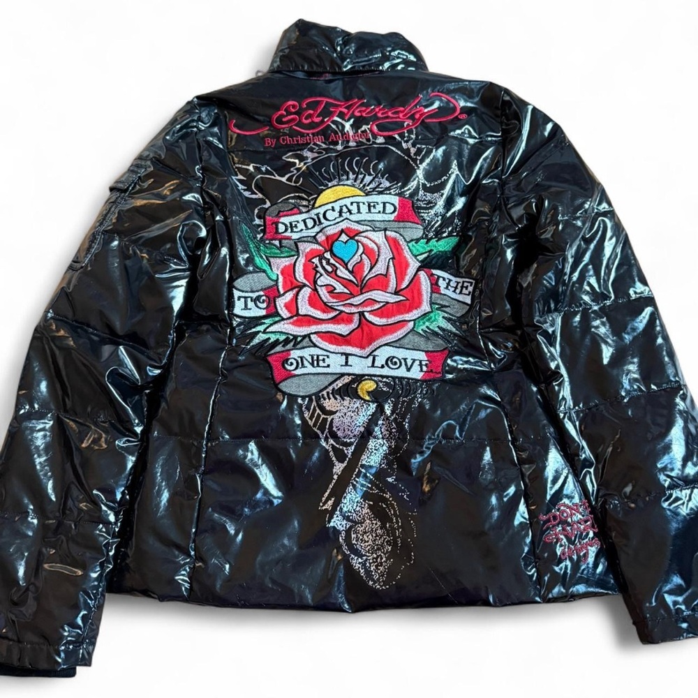 Ed Hardy Puffer Jacket XS Black Skull Rose Embroidered Christian Audigier Y2K